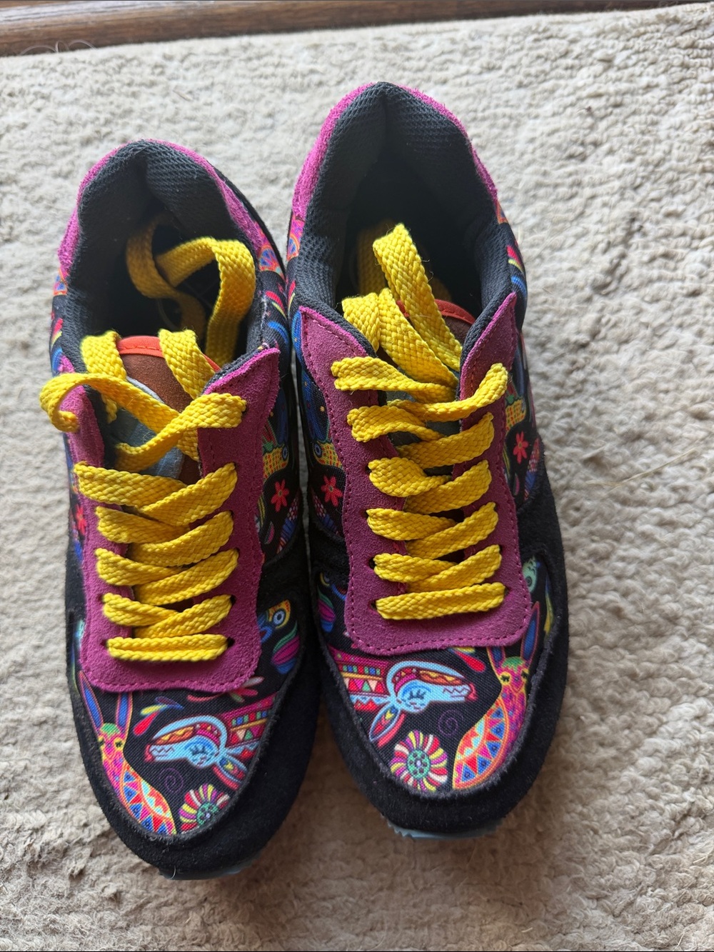 inkkas Black Paisley Sneakers with Magenta Accents and Yellow Laces